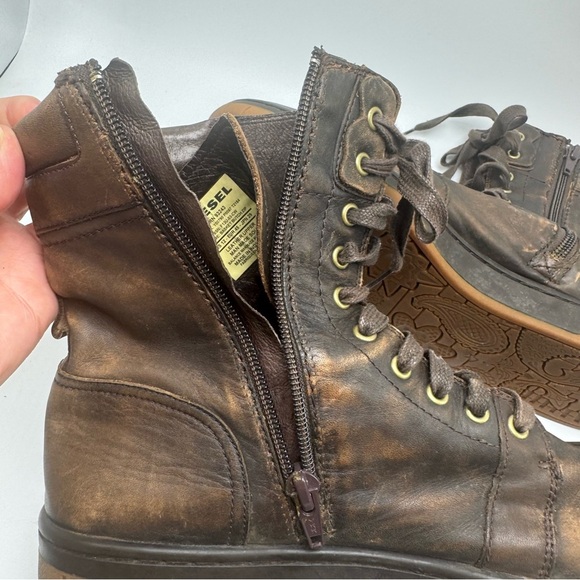Diesel Tatradium Basket Butch Zip Brown Leather Boots Mens 12 Distressed Grunge - Picture 12 of 13